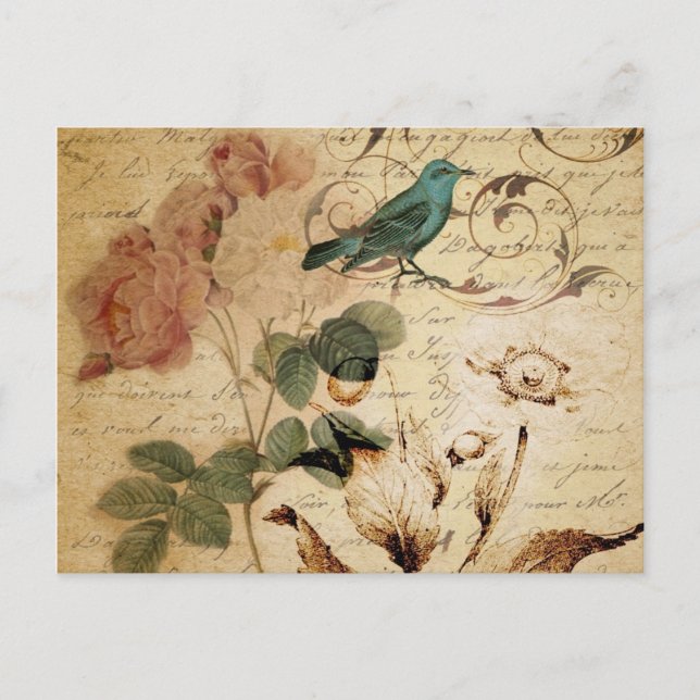 Bohemischer Chic Paris Scripts Vogel Französisch b Postkarte (Vorderseite)