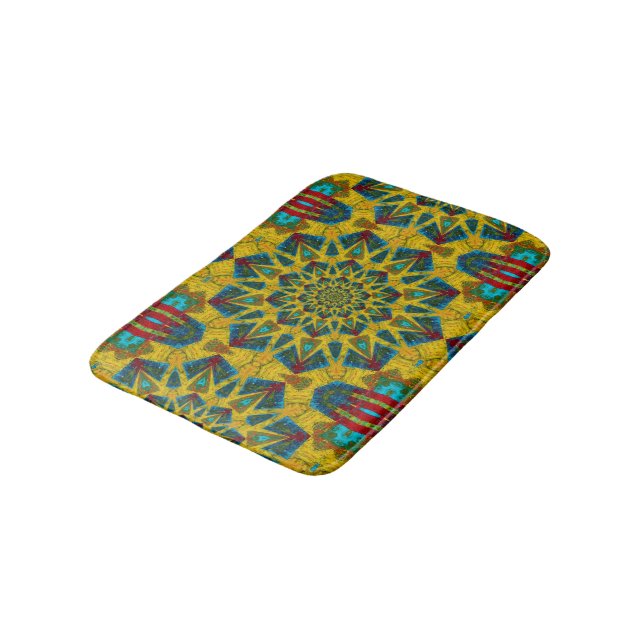 Bohemischer Hippie Blue Yellow Floral Ethnic Triba Badematte (Schrägansicht)