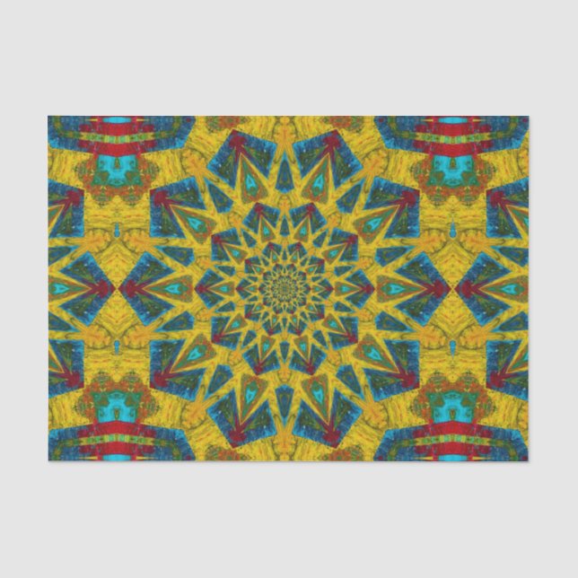 Bohemischer Hippie Blue Yellow Floral Ethnic Triba Seidenpapier (Vorderseite)