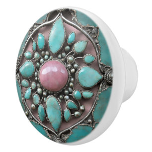 Bohemischer Juwelenschmuck in Rosa, Aqua und Silbe Keramikknauf