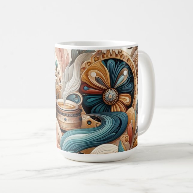 Bohemischer Mix aus aquamarinen, magentafarbenen,  Kaffeetasse (VorderseiteRechts)