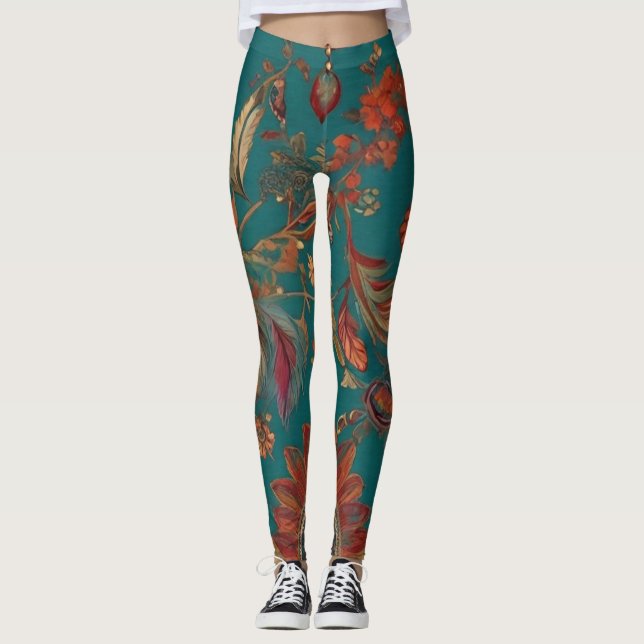 Bohemischer Stil Emerald & Ruby Feather Print Leggings (Vorderseite)