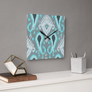 Bohemisches Aqua Türkis Ikat Tribal Art Muster Quadratische Wanduhr