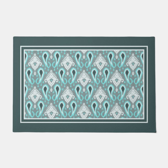 Bohemisches Aqua Turquoise Ikat Tribal Art Muster Fußmatte (Vorderseite)