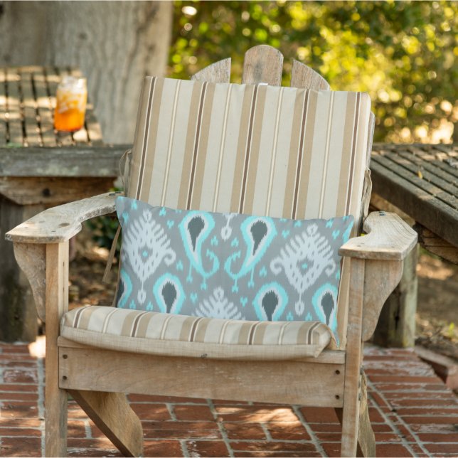 Bohemisches Aqua Turquoise Ikat Tribal Art Muster Kissen Für Draußen (Stuhl )