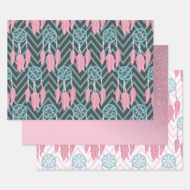 Bohemisches Aquamarines rosa Dreamcatcher Zickzack Geschenkpapier Set (Set)