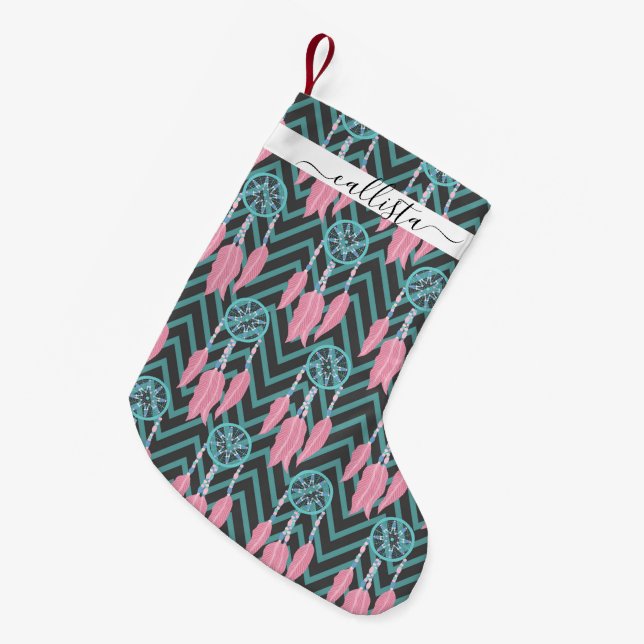 Bohemisches Aquamarines rosa Dreamcatcher Zickzack Kleiner Weihnachtsstrumpf (Vorderansicht (hängend))