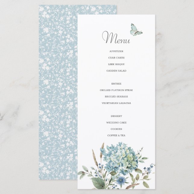 Bohemisches Blue Botanical Watercolor Wedding Menu Menükarte (Vorne/Hinten)