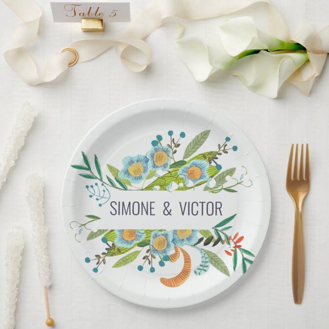 Bohemisches botanisches Grün & Blau Pappteller (Hochzeit)