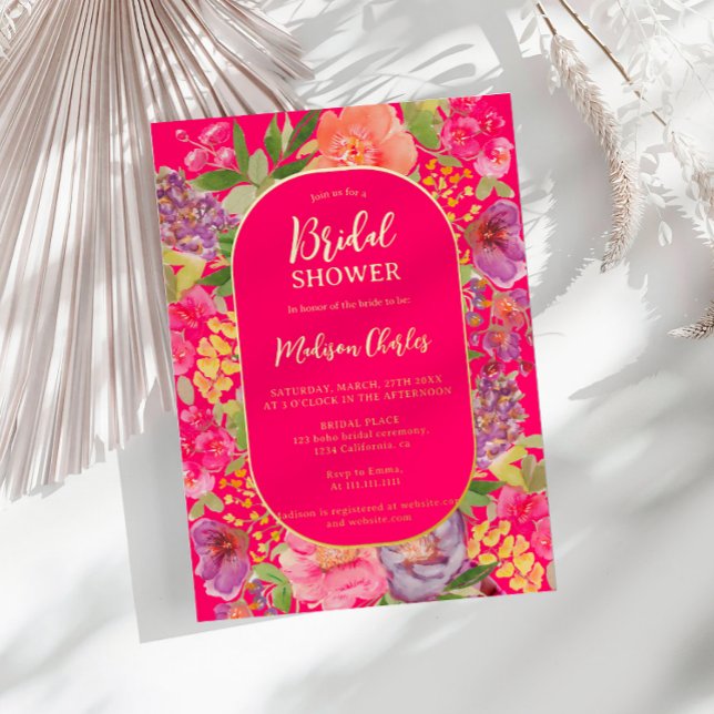 Bohemisches Brautparty mit Blumenschrift Folieneinladung (Bohemian bright floral arch script bridal shower foil invitation)
