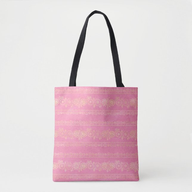 Bohemisches Einhornmuster in Rosa und Gold Tasche (Vorderseite)