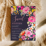 Bohemisches, fett blühendes Aquarell Rosa Sweet 16 Einladung<br><div class="desc">Bohemische Blumenfarbe Sweet 16 Geburtstagseinladung mit handgemalten,  hellen Blüten pink,  orange,  gelb Blumen und grünen Eukalyptus-Blätter und indigofoliage mit einem modernen Script-Bürste Schriftart auf dunkelmarineblau. Die perfekte Brautbar lädt zum Frühling und Sommer,  zum Party im Garten und im Freien ein.</div>