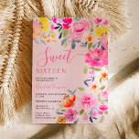 Bohemisches, fett blühendes Aquarell Rosa Sweet 16 Einladung<br><div class="desc">Bohemische Blumenfarbe Sweet 16 Geburtstagseinladung mit handgemalten,  hellen Blüten pink,  orange,  gelb Blumen und grünen Eukalyptus-Blätter und indigofoliage mit einem modernen Script-Bürste Schriftart auf pastellrot Rosa. Die perfekte Brautbar lädt zum Frühling und Sommer,  zum Party im Garten und im Freien ein.</div>