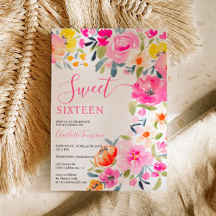 Bohemisches, fett blühendes Aquarell Rosa Sweet 16 Einladung