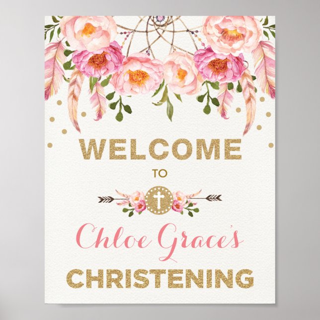 Bohemisches florales Christening Rosa und Gold Wil Poster (Vorne)