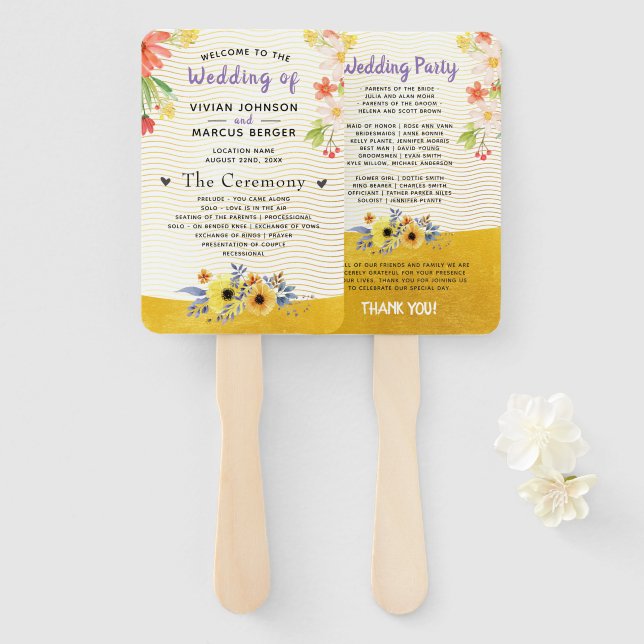 Bohemisches Gold Floral Wedding Program Hand Fan Fächer (Vorne und Hinten)
