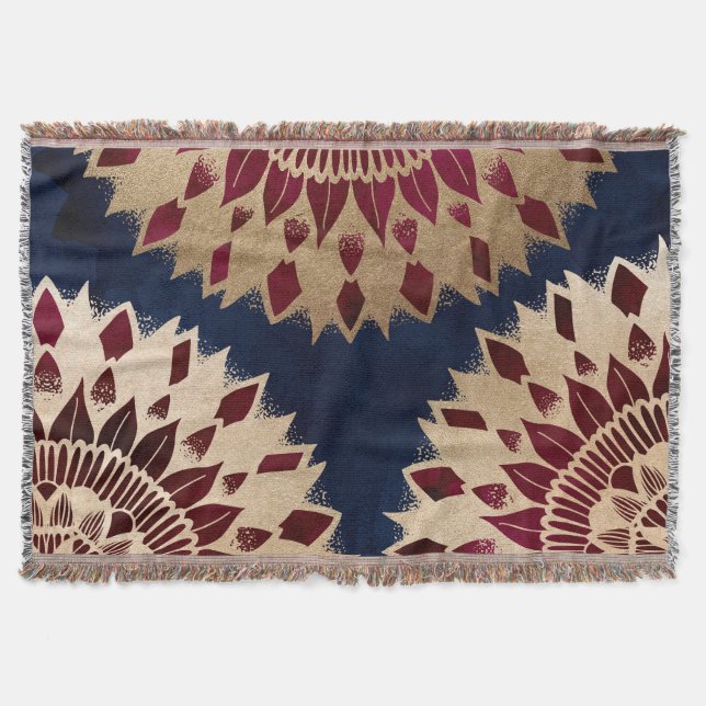 Bohemisches Gold Navy Burgundy Hand Drawn Mandala Decke (Vorderseite)