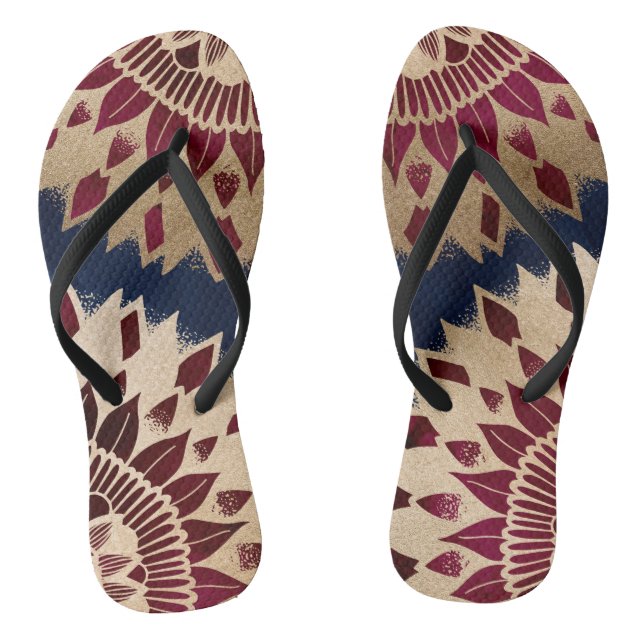 Bohemisches Gold Navy Burgundy Hand Drawn Mandala Flip Flops (Fußbett)