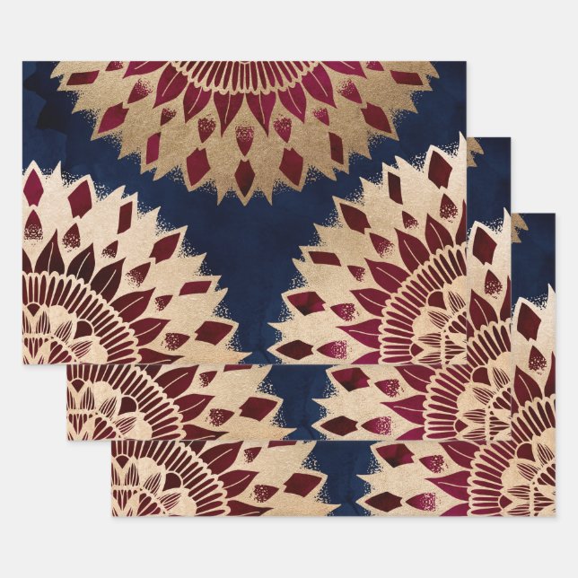 Bohemisches Gold Navy Burgundy Hand Drawn Mandala Geschenkpapier Set (Set)