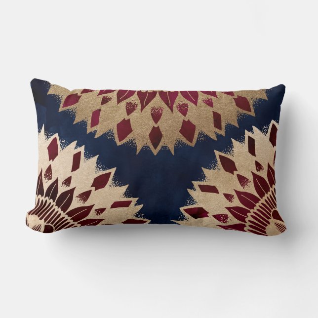 Bohemisches Gold Navy Burgundy Hand Drawn Mandala Lendenkissen (Vorderseite)