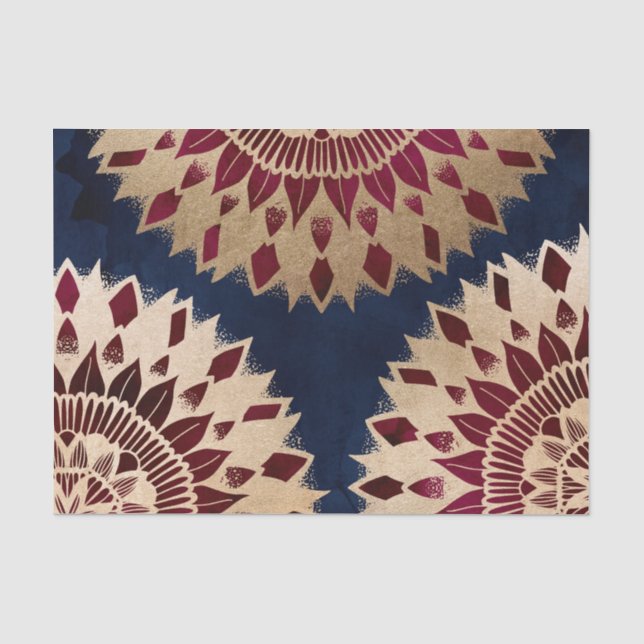 Bohemisches Gold Navy Burgundy Hand Drawn Mandala Seidenpapier (Vorderseite)