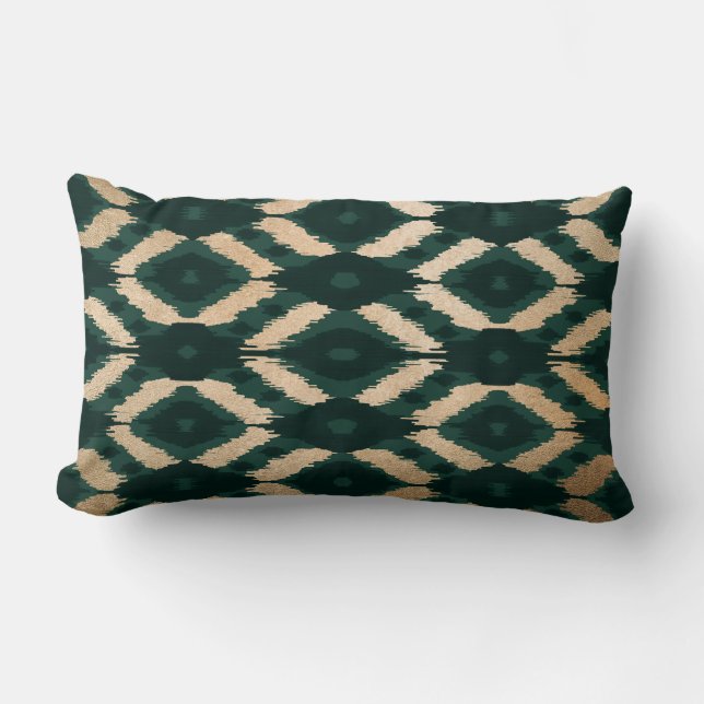 Bohemisches goldwaldgrünes Ikat-Muster Lendenkissen (Vorderseite)