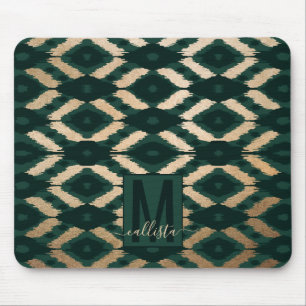 Bohemisches goldwaldgrünes Ikat-Muster Mousepad