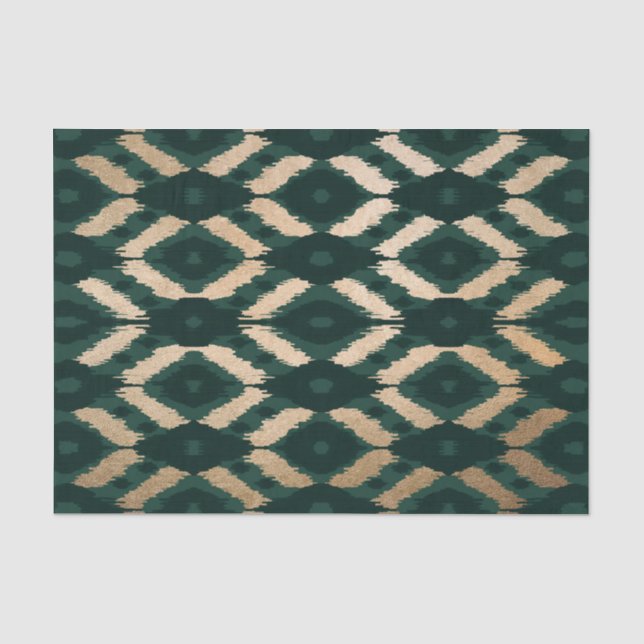 Bohemisches goldwaldgrünes Ikat-Muster Seidenpapier (Vorderseite)