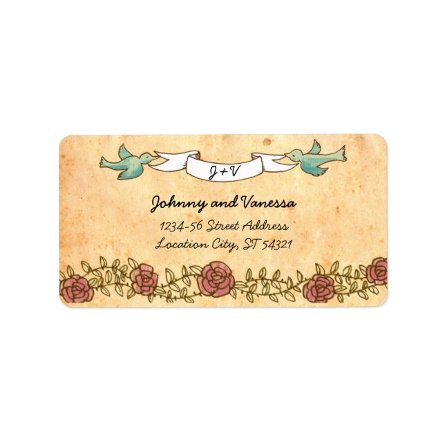 Bohemisches Herz, Rose, Vögel und Bannerhochzeit Adressaufkleber (Vorne)
