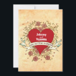 Bohemisches Herz, Rose, Vögel und Bannerhochzeit Einladung<br><div class="desc">Ein von Hand gezeichnet Herz auf einem Bett von Rose,  flankiert von Liebhabern,  schmückt diese einzigartige Hochzeitssuite,  die sich perfekt für Böhmen,  Vintage oder sogar Rock and Roll Themenhochzeiten eignet.</div>
