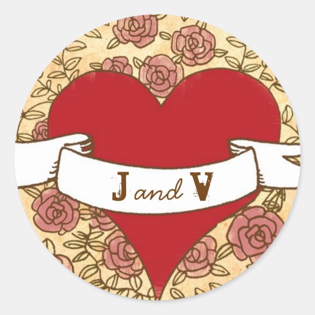Bohemisches Herz, Rose, Vögel und Bannerhochzeit Runder Aufkleber (Vorderseite)
