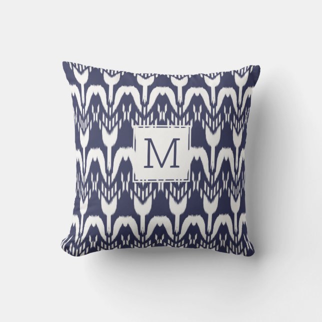 Bohemisches Monogramm Navy Blue Floral Kissen (Vorderseite)