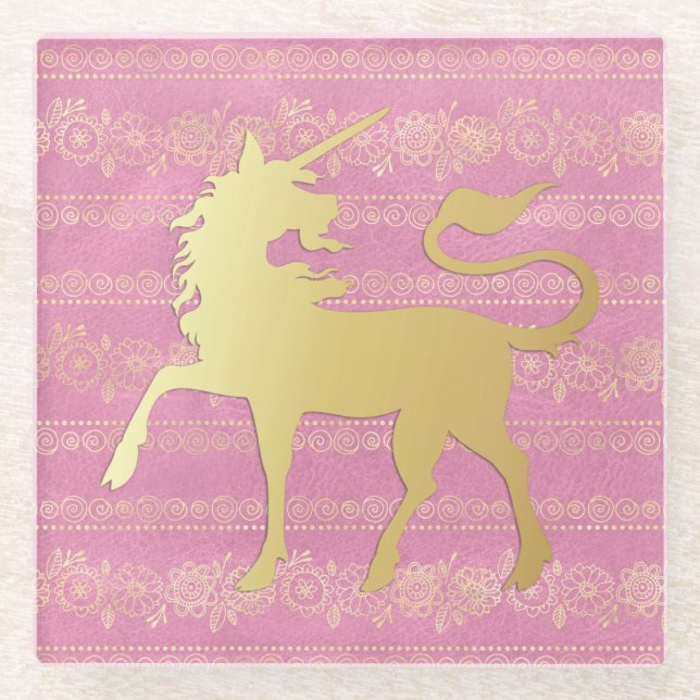 Bohemisches Muster und Einhorn aus Gold und Rosa Glasuntersetzer (Vorderseite)