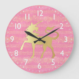 Bohemisches Muster und Einhorn aus Gold und Rosa Große Wanduhr