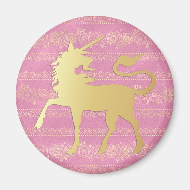 Bohemisches Muster und Einhorn aus Gold und Rosa Magnet (Vorne)