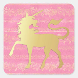 Bohemisches Muster und Einhorn aus Gold und Rosa Quadratischer Aufkleber