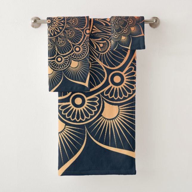 Bohemisches Navy Blue Peach Mandala Badetuch Set (Insitu)