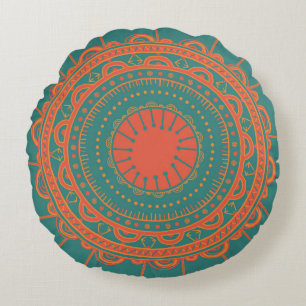 Bohemisches orange und aquamarines rundes Kissen