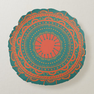 Bohemisches orange und aquamarines rundes Kissen