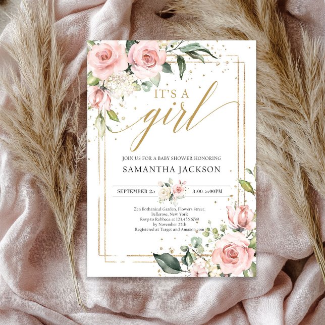 Bohemisches Rosa Blütengold Es ist ein Mädchen Einladung (Bohemian blush pink floral gold it's a girl baby invitation)