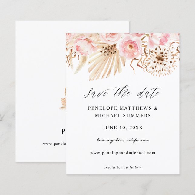 Bohemisches Rosa Floral Save the Date (Vorne/Hinten)