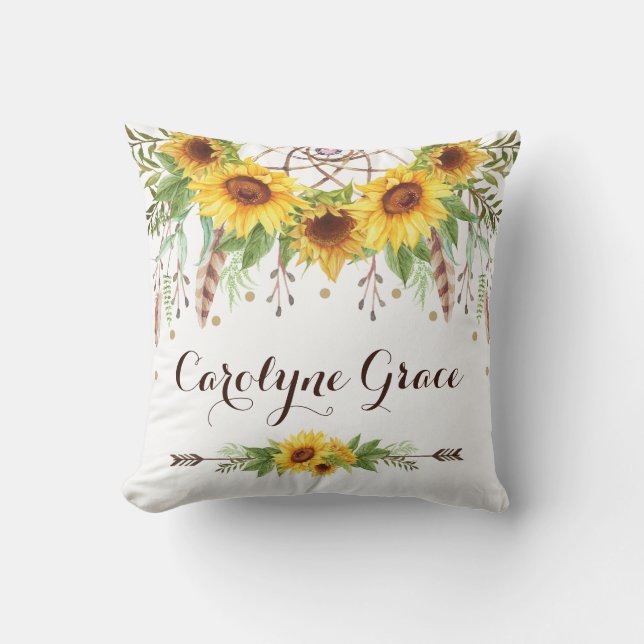 Bohemisches Sonnenblume-Sommer Dreamcatcher Kissen (Vorderseite)