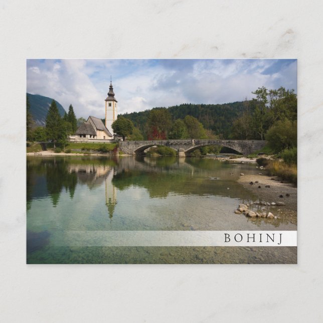 Bohinj See mit Kirche in Slowenien Bar postcard Postkarte (Vorderseite)