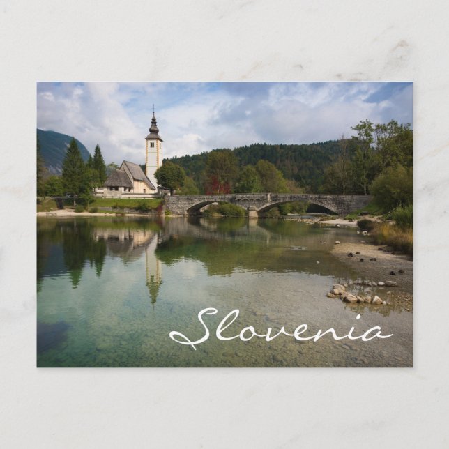 Bohinj See mit Kirche in Slowenien Text Postkarte (Vorderseite)