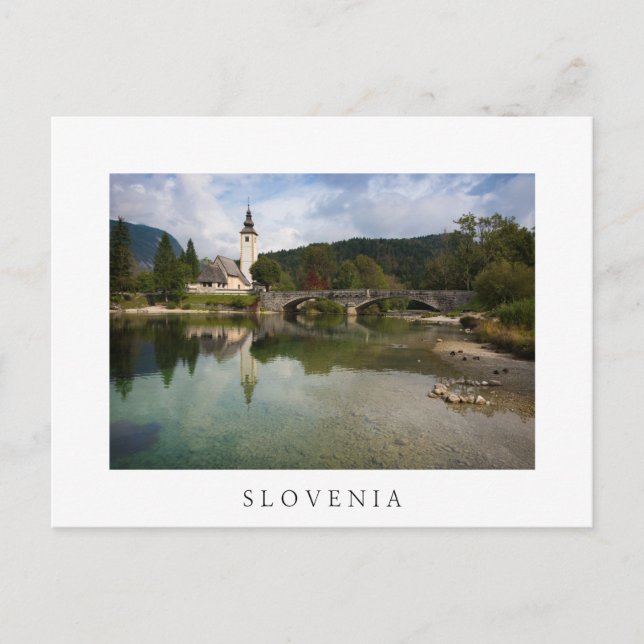 Bohinj See mit Kirche in Slowenien weiße Postkarte (Vorderseite)