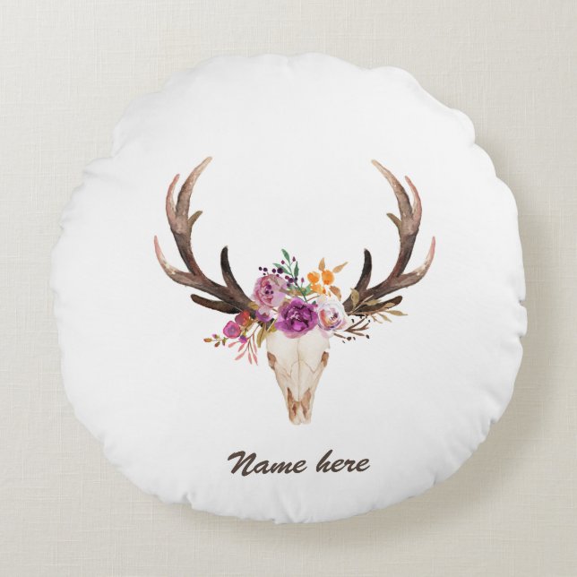 Böhm, Stielschädel, Antler, boholischer Blumenstra Rundes Kissen (Vorderseite)
