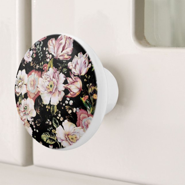 Böhmisch-Chic Rosa Blume dunkelblütig Keramikknauf (bohemian chic blush pink flowers dark floral ceramic knob)