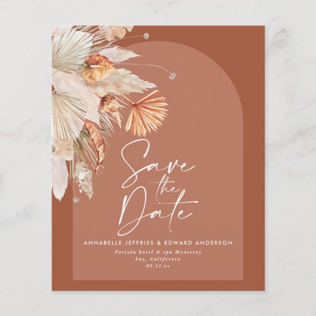Böhmisch-Terrakotta Pampas Gras Hochzeit Flyer (Vorne)