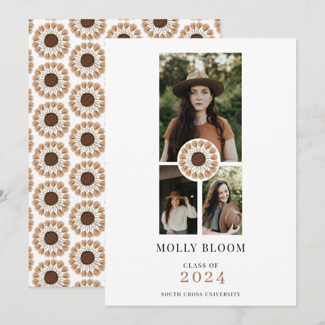 Boho 3 Photo Terracotta Graduation Faire-part (Devant / Derrière)