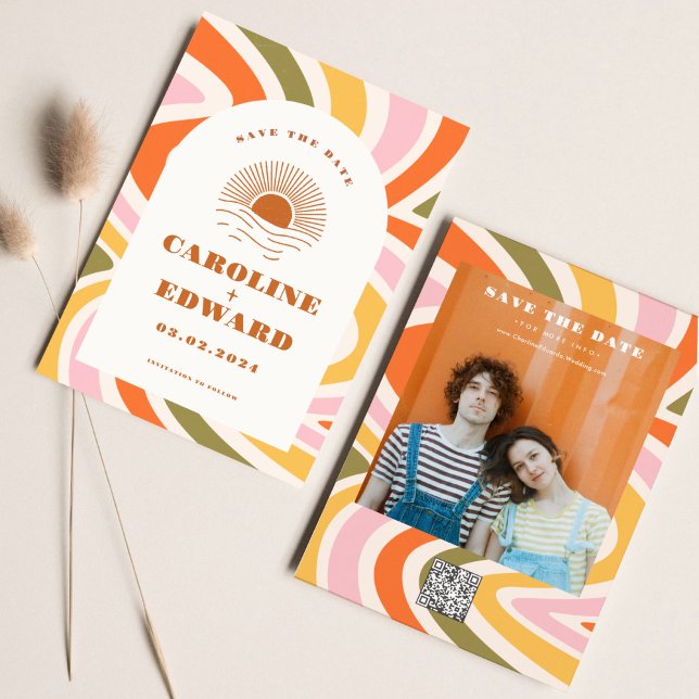 Boho 70er Groovy Wavy Sun Save the Date Qr-Code (Von Creator hochgeladen)